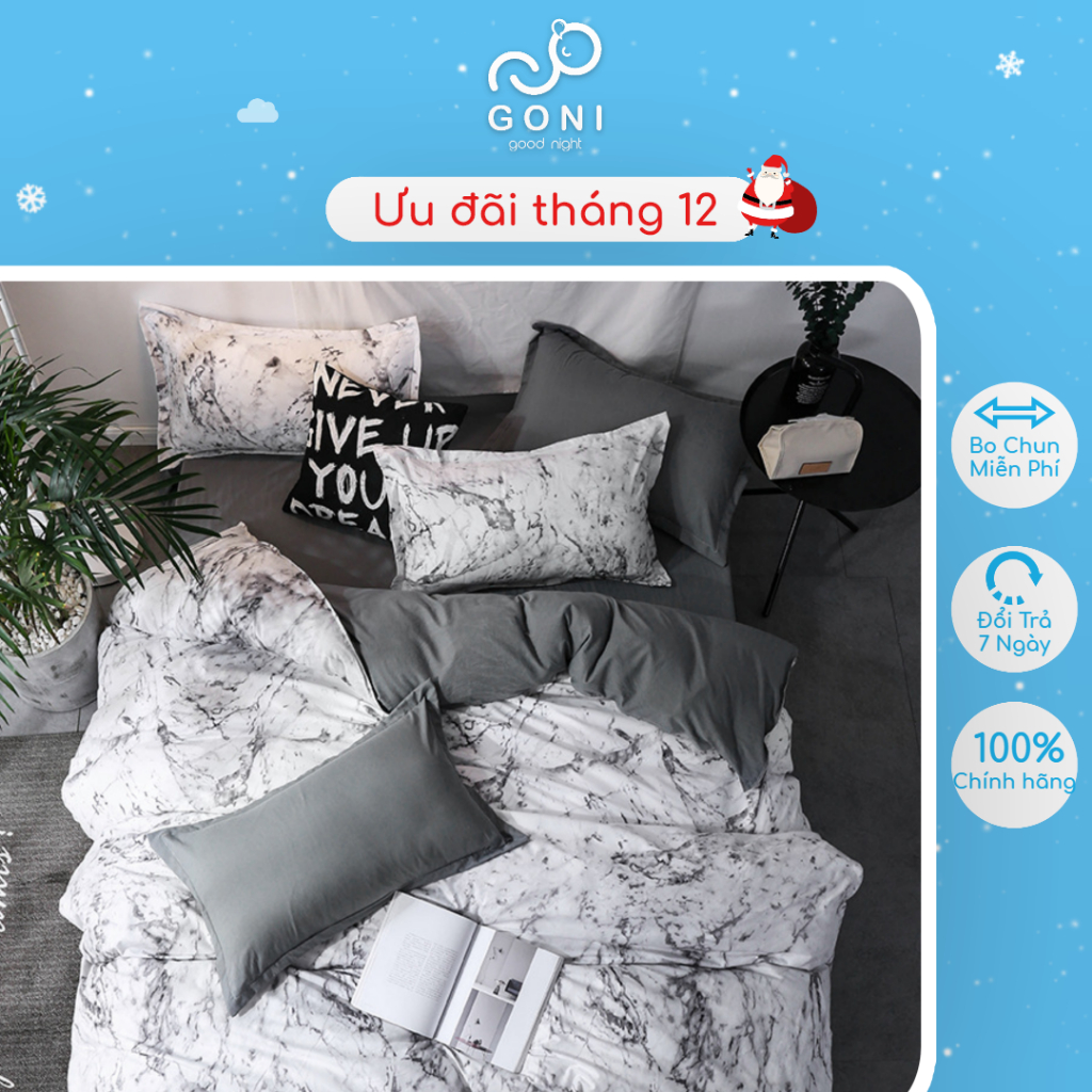 Bộ Chăn Ga Gối Cotton Tici GONI Họa Tiết Trắng Cẩm. Thạch Drap Giường Đủ Kích Thước Trải Nệm Không Kèm Ruột