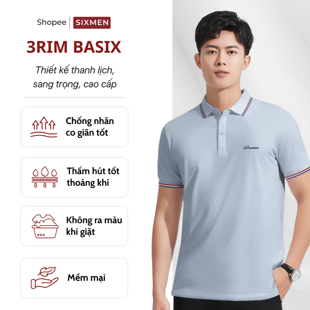 Áo thun Polo nam cao cấp có cổ bẻ SIXMEN  - 3RIM BASIX - vải cá sấu cotton thoáng mát, thanh lịch