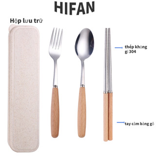 Bộ thìa, nĩa, đũa bằng gỗ có tay cầm bằng gỗ kèm hộp lúa mạch