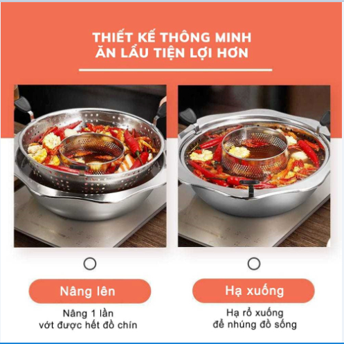 Nồi Lẩu Xoay Nâng 2 Tầng, Nồi Lẩu Đa Năng Hàn Quốc Inox Cao Cấp Dùng Được Cả Bếp Ga, Bếp Từ, Bếp Hồng Ngoại