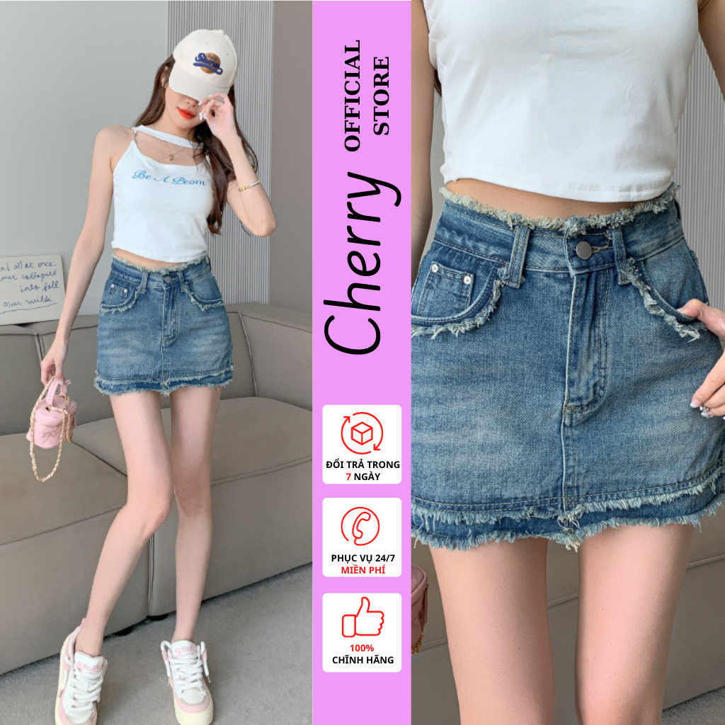 Chân váy jean ngắn nữ CHERRY váy bò chữ A tua rua cạp cao có quần dễ phối đồ T084