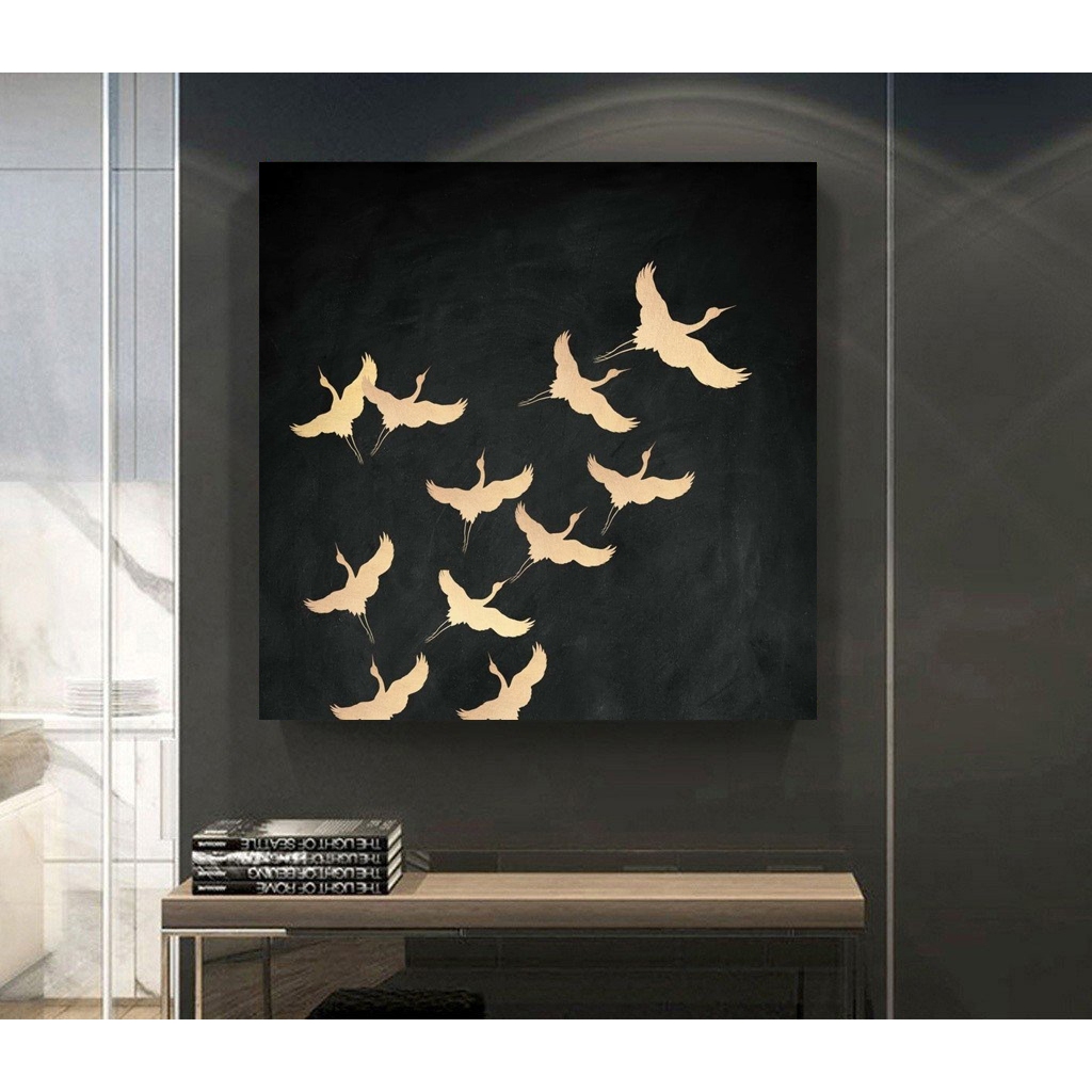 Tranh canvas treo tường chim hạc indochine tông xám ánh kim  70 x 70 cm