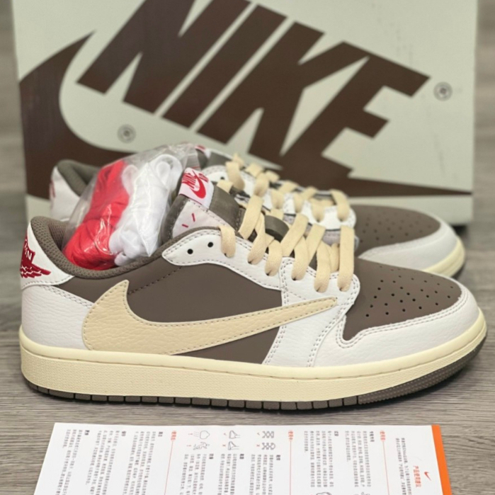 Giày Sneakers Cổ Thấp Travis_Scott x Air_JD 1 Low OG Reverse Mocha Full Box Phụ kiện