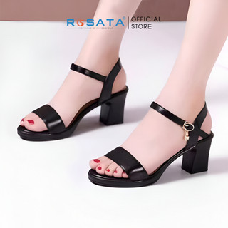 Giày sandal cao gót nữ đế vuông 5p ROSATA RO576 mũi tròn quai hậu cài khóa dây mảnh màu đen