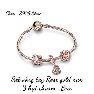 BỘ VÒNG TAY PAN ALE MIX 3 HẠT CHARM ROSE GOLD S925 HÀNG CAO CẤP
