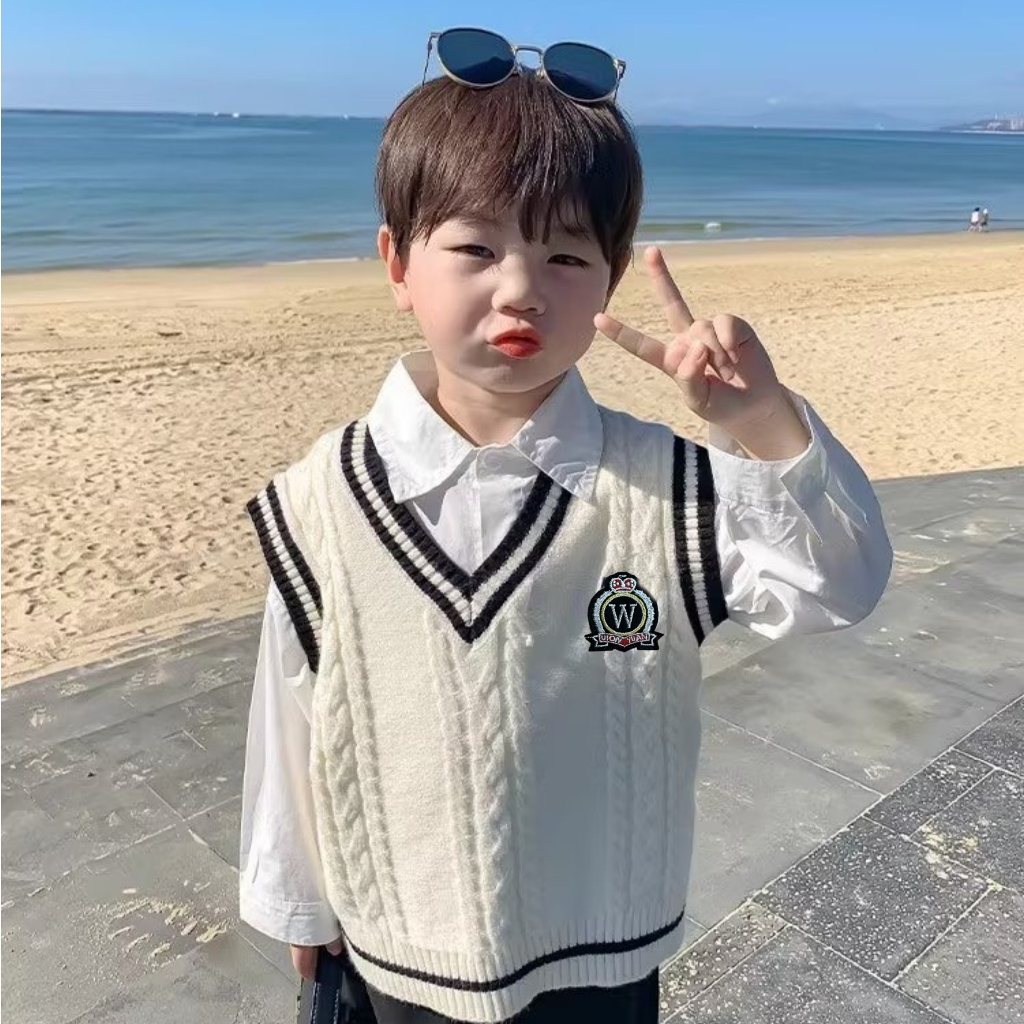 TE478 - Áo gile len cho bé trai bé gái phong cách Hàn Quốc chất len mềm mại, logo thêu size 9-19kg