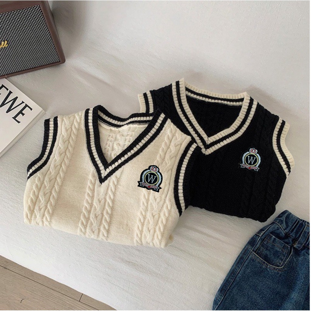 TE478 - Áo gile len cho bé trai bé gái phong cách Hàn Quốc chất len mềm mại, logo thêu size 9-19kg