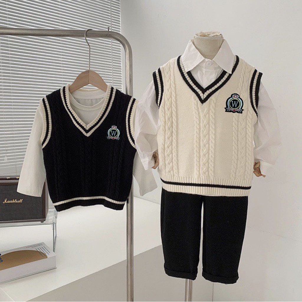 TE478 - Áo gile len cho bé trai bé gái phong cách Hàn Quốc chất len mềm mại, logo thêu size 9-19kg