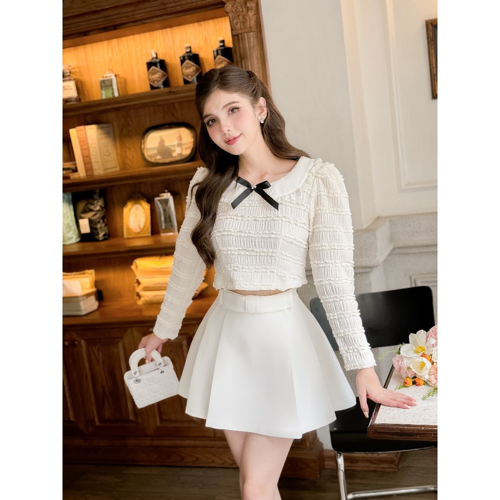 Aó ren mềm cổ sen đính nơ Lilian top