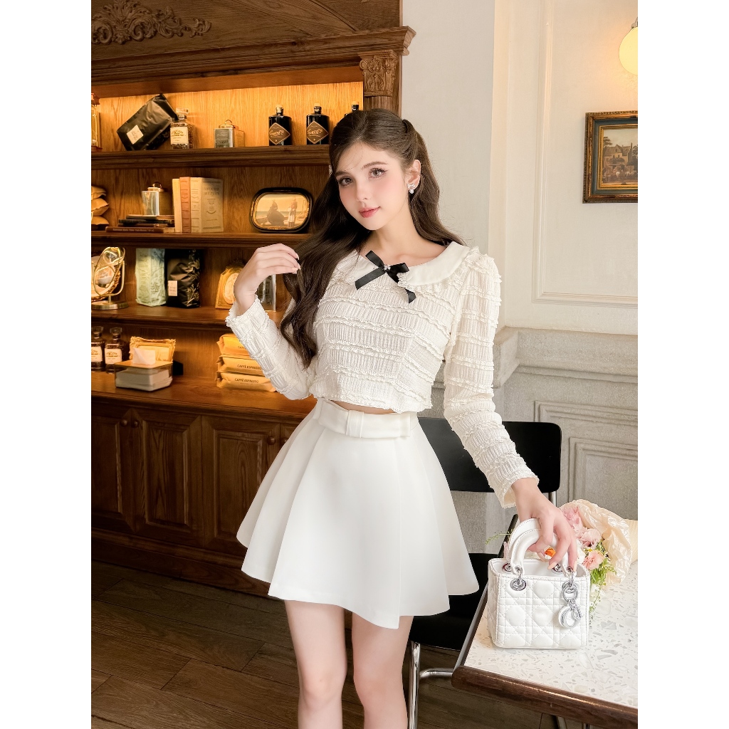 Aó ren mềm cổ sen đính nơ Lilian top