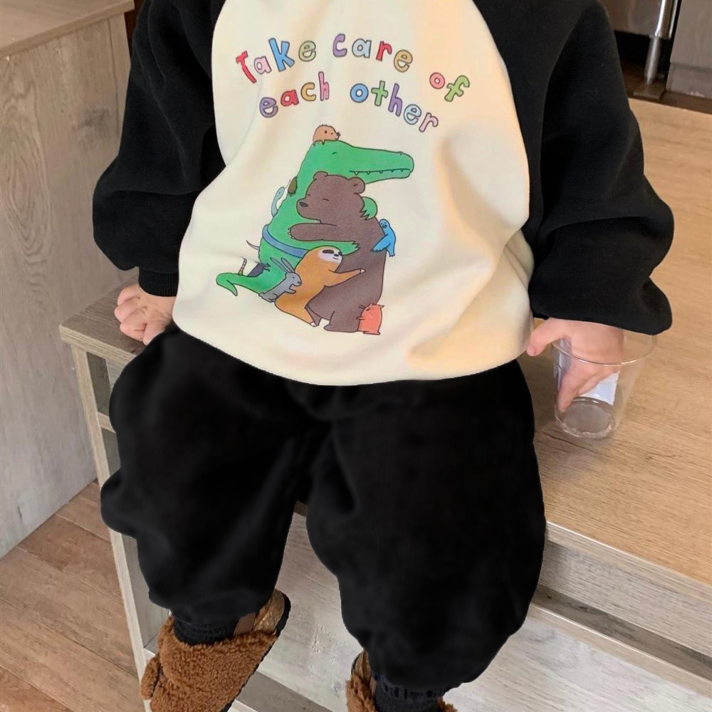 TE506 -Bộ áo+quần chất nỉ ép dày dặn cho bé trai bé gái hình động vật đáng yêu size 8-16kg