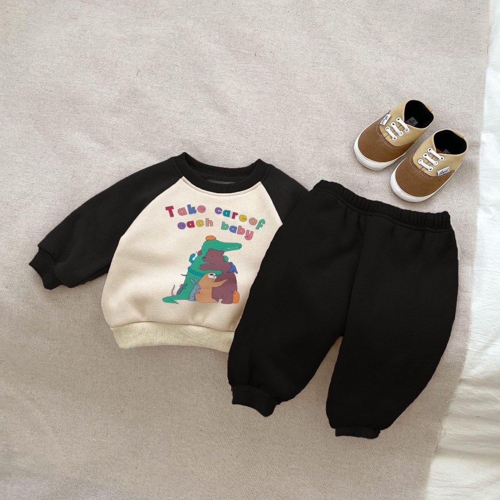 TE506 -Bộ áo+quần chất nỉ ép dày dặn cho bé trai bé gái hình động vật đáng yêu size 8-16kg