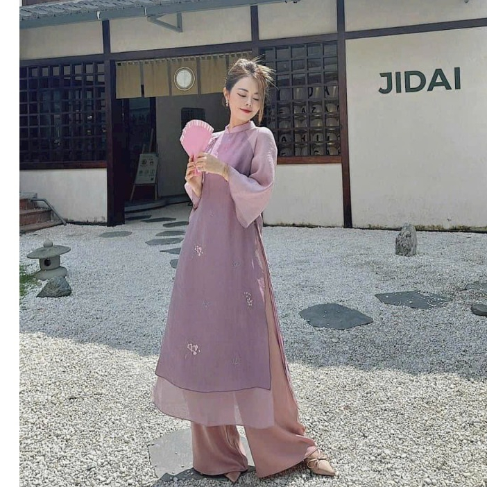 Sét áo dài cách tân thêu hoa nổi tay lỡ - 247store.vn - AodaitheuAD22_P13K5