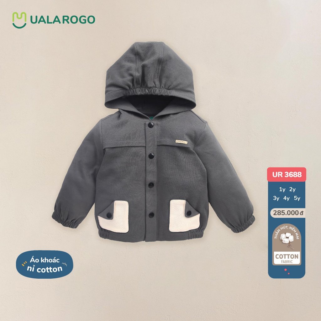 Áo khoác cho bé Ualarogo 1- 5y vải Cotton Nỉ ấm áp mềm mại có mũ giữ ấm thoáng khí 3688