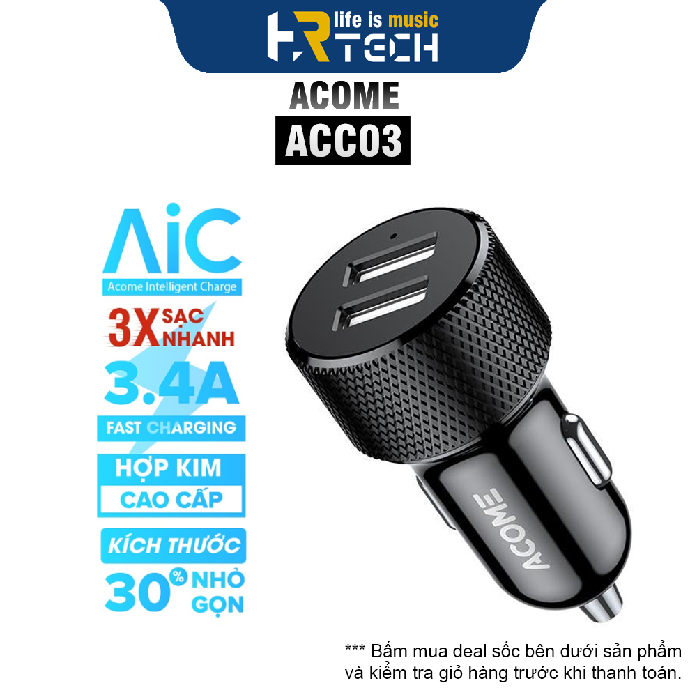 Cốc Sạc Ô Tô ACOME ACC03 2 Output Sạc Nhanh 2.4A Đèn LED Báo Hiệu (Tẩu Sạc Ô Tô ACOME ACC03)