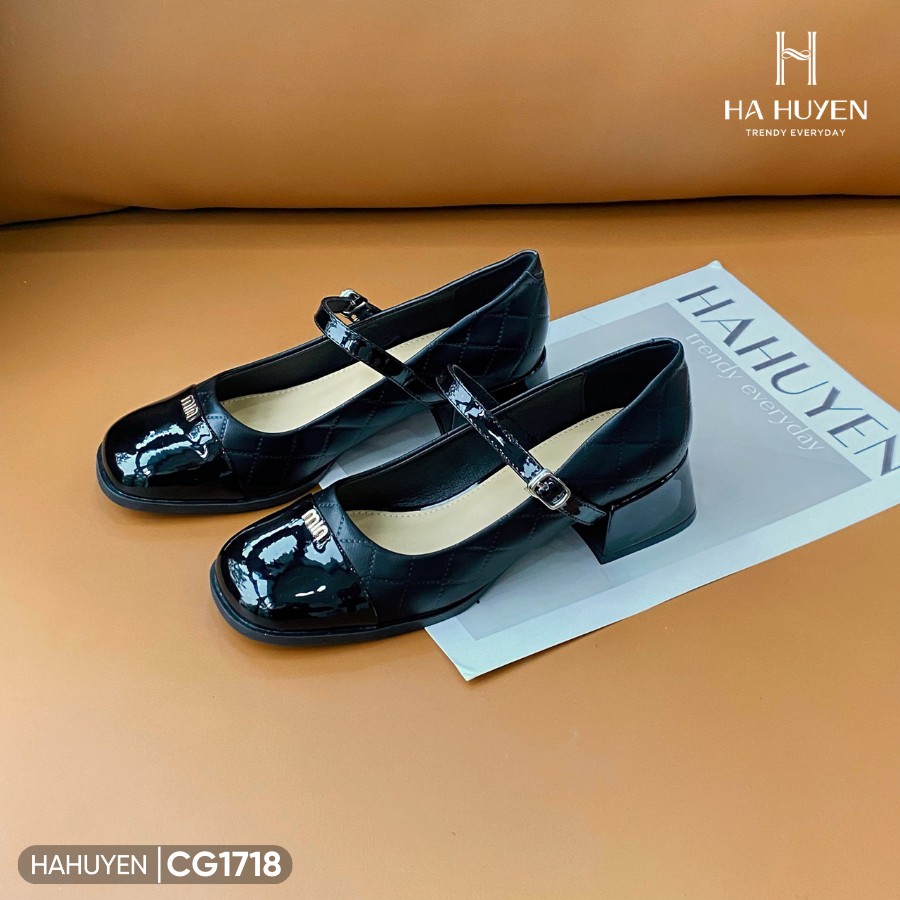 Giày cao gót mũi vuông Hà Huyền Shoes trần chỉ mũi bóng gắn Miu đồng GV 5p - CG1718