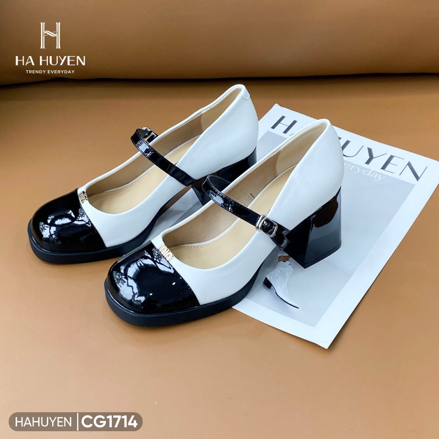 Giày cao gót nữ Hà Huyền Shoes  quai ngang mũi captoe chữ Miu đồng GV 7p - CG1714