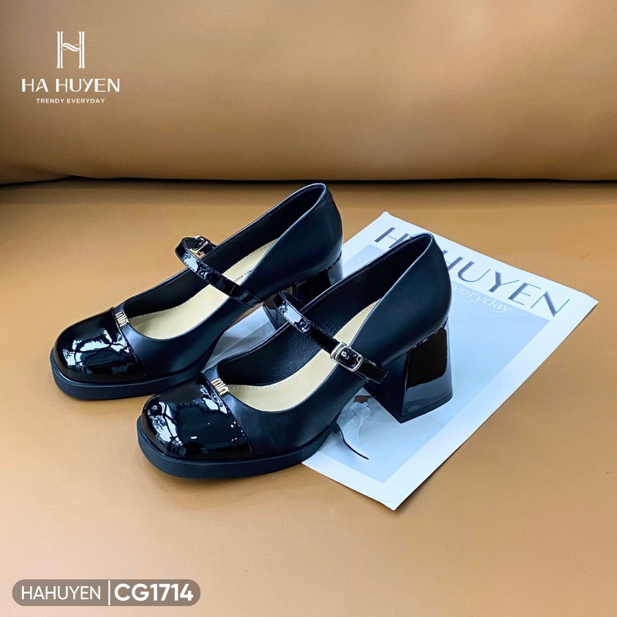 Giày cao gót nữ Hà Huyền Shoes  quai ngang mũi captoe chữ Miu đồng GV 7p - CG1714