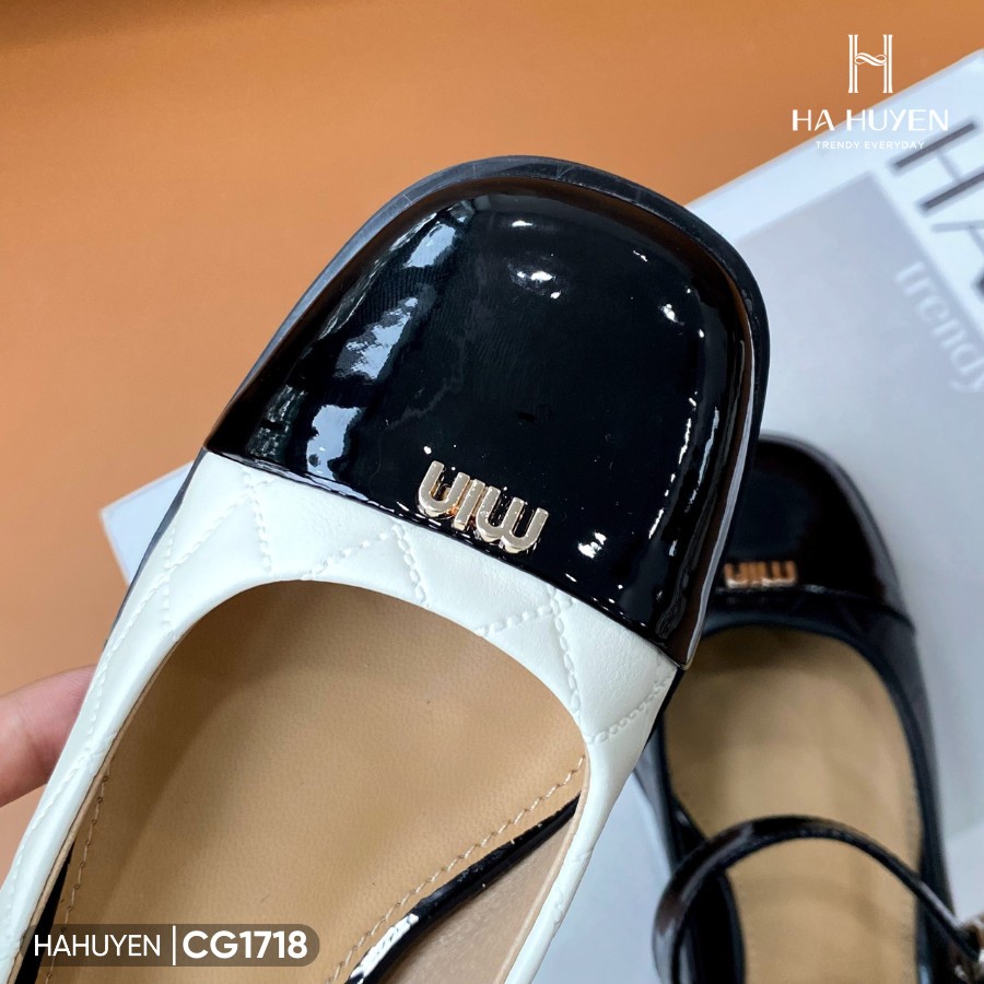 Giày cao gót mũi vuông Hà Huyền Shoes trần chỉ mũi bóng gắn Miu đồng GV 5p - CG1718