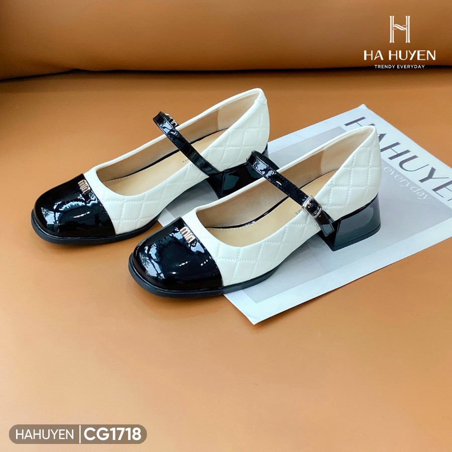 Giày cao gót mũi vuông Hà Huyền Shoes trần chỉ mũi bóng gắn Miu đồng GV 5p - CG1718