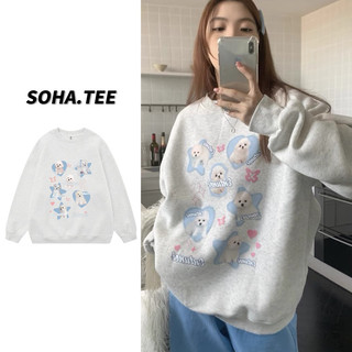 ÁO SWEATER NỈ BÔNG NỮ DÀI TAY FORM RỘNG MÀU XÁM TIÊU IN HÌNH “CHÓ TRẮNG XANH DƯƠNG” CUTE  PHONG CÁCH HÀN QUỐC - SOHA