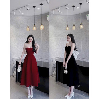 [-30%] Đầm xinh mặc dự tiệc đi Tết 4 mùa chất NHUNG CỨNG 2 dây cườm cúp ngực có mút đính nơ to trắng sau lưng váy maxi