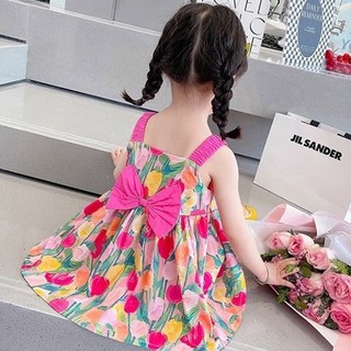 Váy bé gái công chúa 2 dây nơ lưng dây buộc họa tiết hoa dễ thương cho bé từ 1T đến 7T