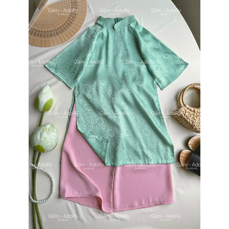 Áo dài cổ trụ gồm Áo, Quần và Cài cho bé gái 8-40kg