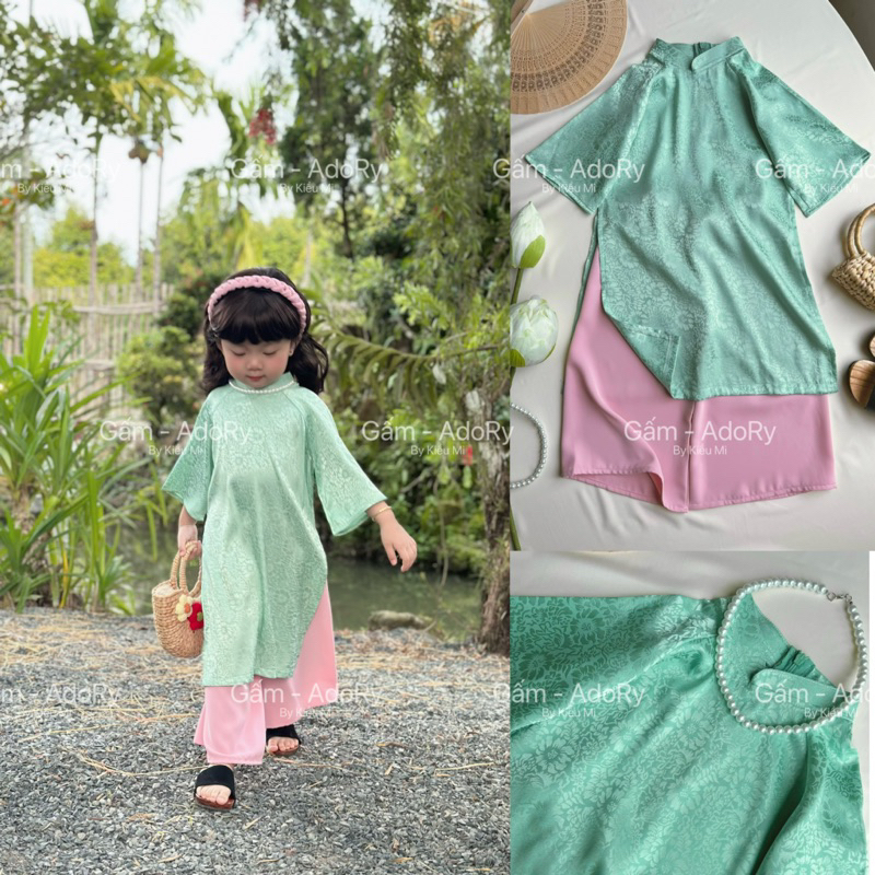 Áo dài cổ trụ gồm Áo, Quần và Cài cho bé gái 8-40kg