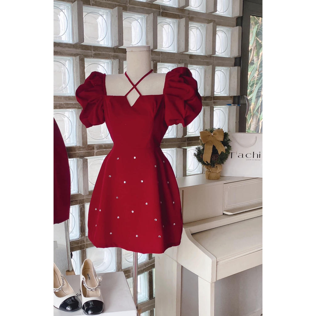 Đầm nhung đỏ cổ vuông dây chéo đính đá noel/tết NÀNG CLOSET