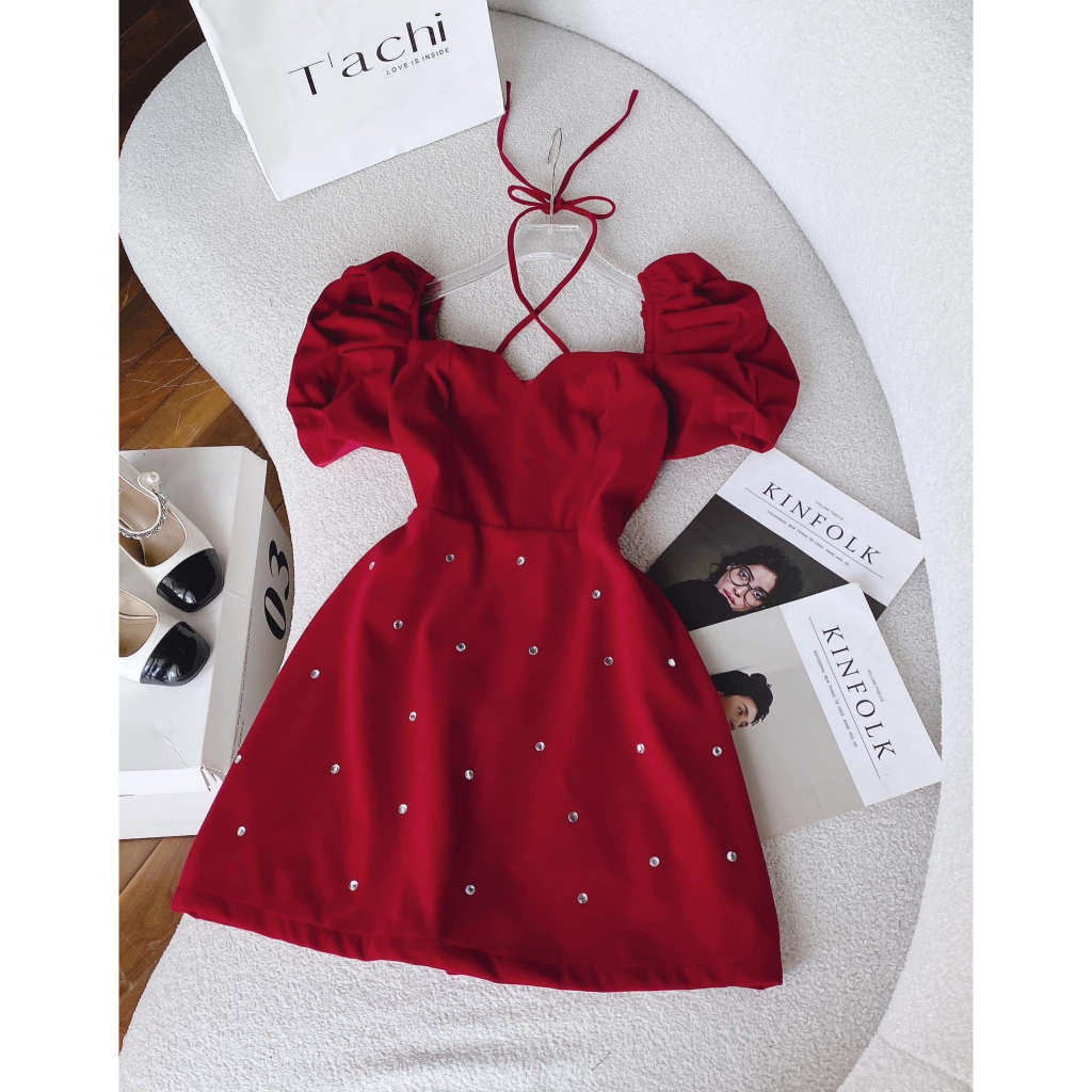 Đầm nhung đỏ cổ vuông dây chéo đính đá noel/tết NÀNG CLOSET