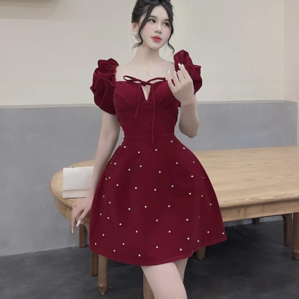 Đầm nhung đỏ cổ vuông dây chéo đính đá noel/tết NÀNG CLOSET