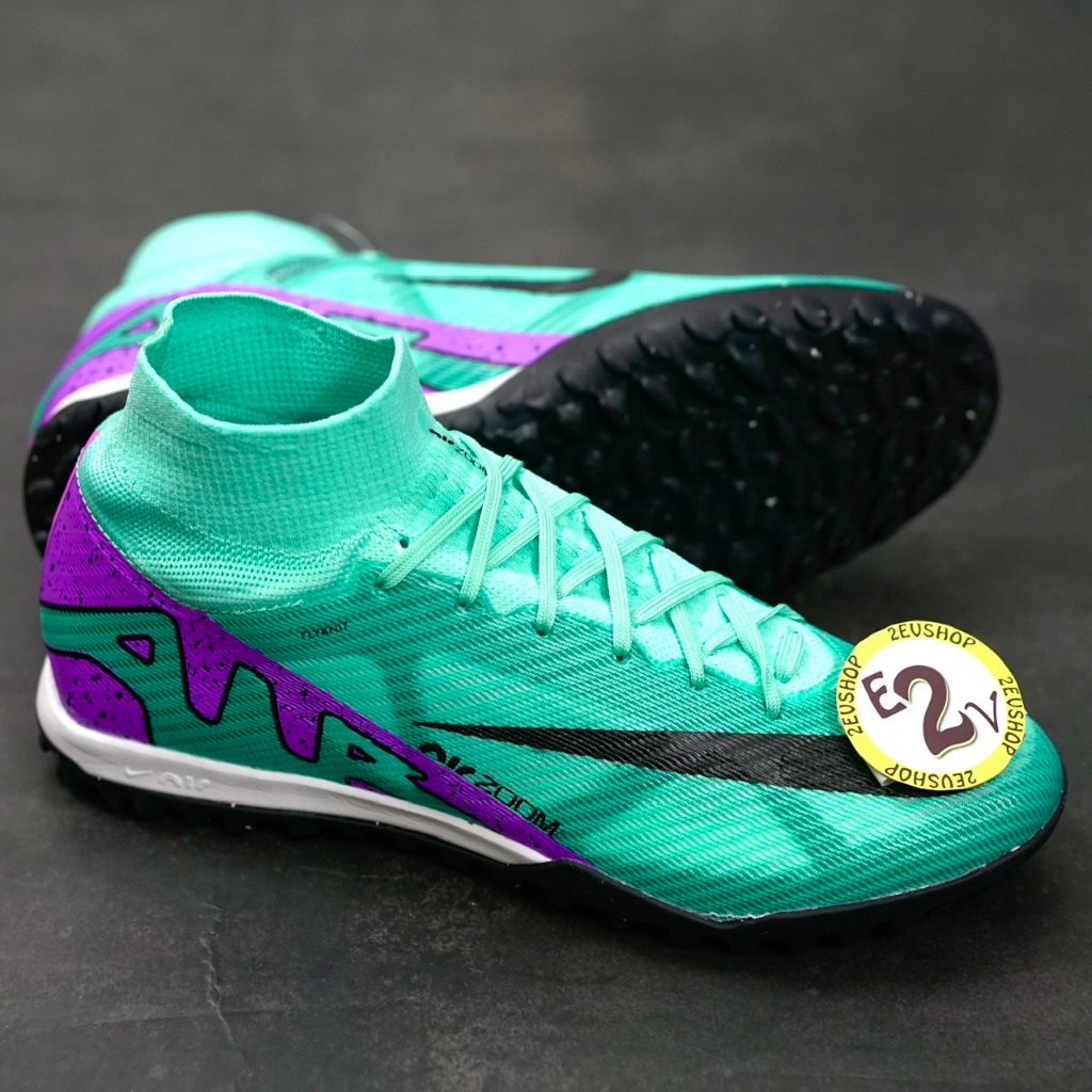 Giày bóng đá cao cổ Air Zoom Mer Superfly 9 Elite Xanh Ngọc, giày đá banh cỏ nhân tạo nam đã khâu đế - 2EVSHOP