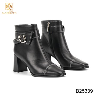 Bốt nữ cao cấp da thật gót trụ 7cm phối đai da kim loại b25339