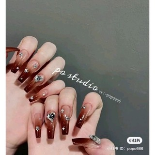Móng tay giả màu nâu đỏ tặng keo dán móng và dũa