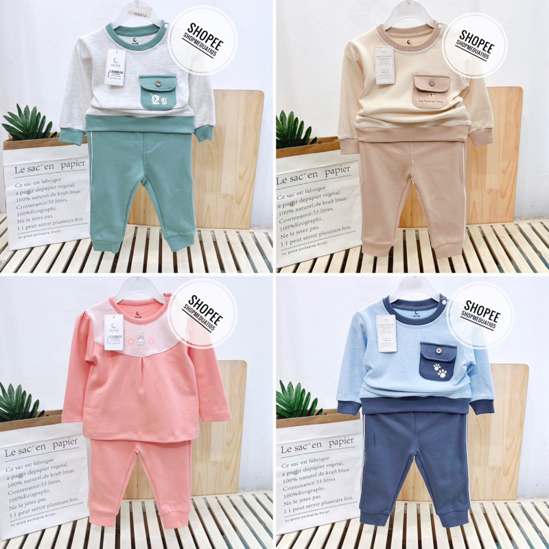 Bộ dài tay nỉ nhung MOON mềm mịn cho bé (6-9M đến 2-3Y)