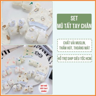 Set Mũ Nón Tất Tay Chân Muslin Cho Bé Sơ Sinh