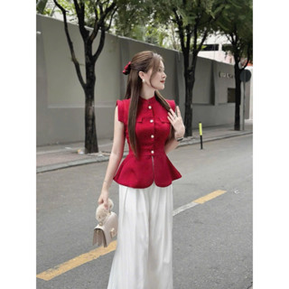 Sét bộ thời trang nữ mặc Tết áo gài nút thật chất lennin sơ mi tay ngắn vạc bầu tà mix quần lụa lớp lót suông trắng Qc