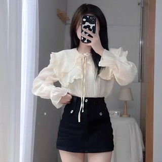 Áo sơ mi cổ bèo nơ cổ bèo tay chất đũi gân toop