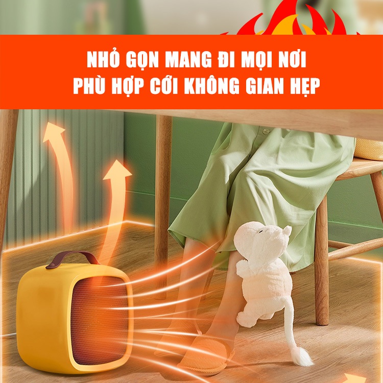 Quạt sưởi mini để bàn siêu ấm hình vuông không mùi nhựa, máy sưởi ấm để bàn mùa đông công suất 500W tiện lợi