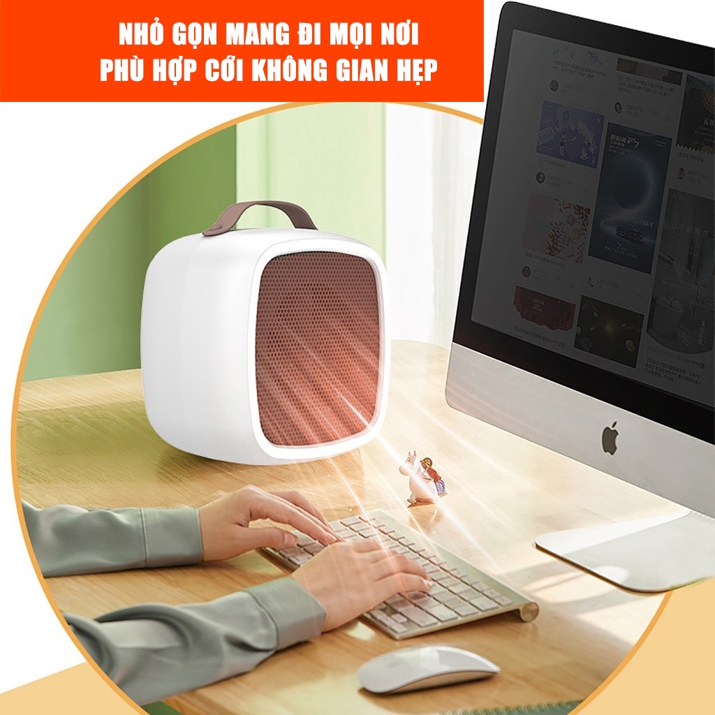 Quạt sưởi mini để bàn siêu ấm hình vuông không mùi nhựa, máy sưởi ấm để bàn mùa đông công suất 500W tiện lợi