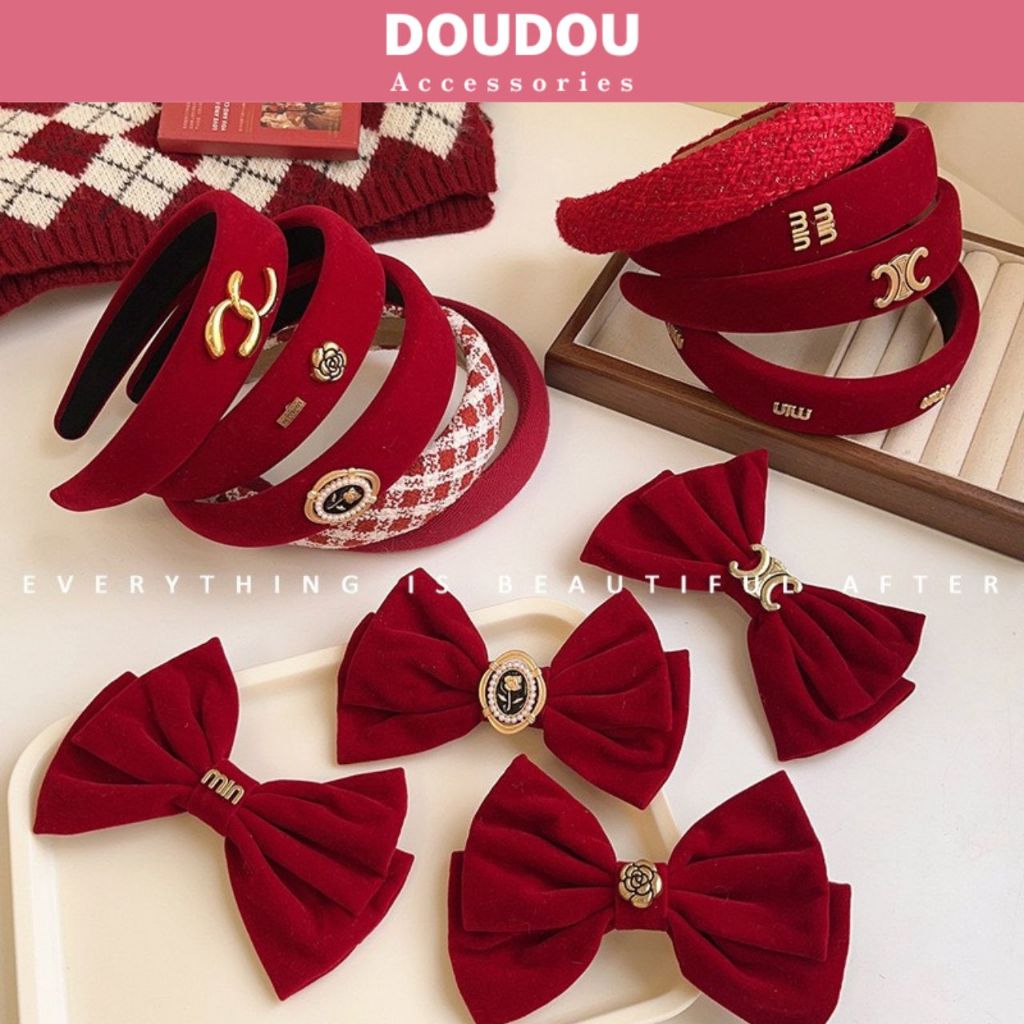 Phụ kiện kẹp tóc Doudou Kẹp nơ tiểu thư Băng đô cài tóc Bờm đỏ Noel Giáng sinh Tết phong cách Hàn Quốc thời trang FJ030