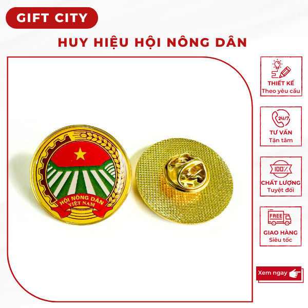 Huy hiệu hội nông dân Việt Nam bằng đồng mạ vàng 24k cao cấp