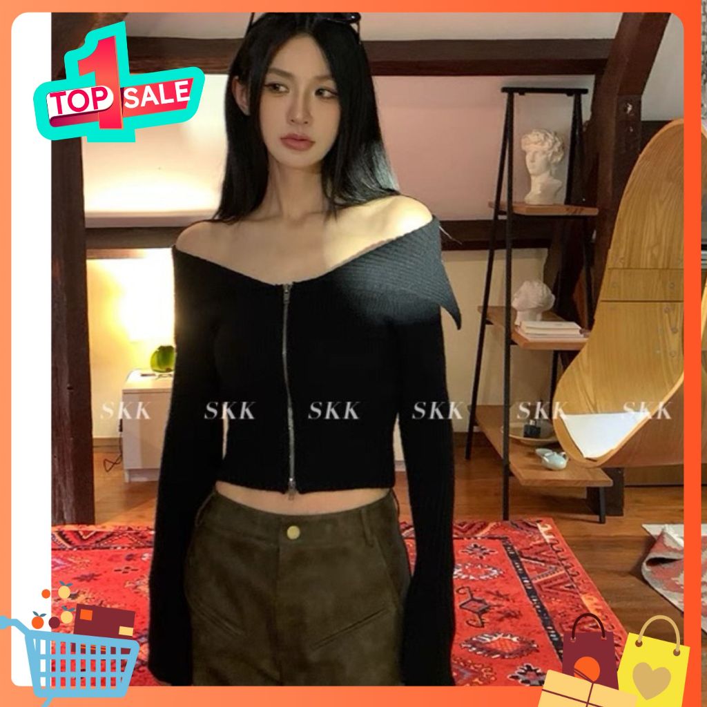 Áo len trễ vai kéo khoá THỜI TRANG MẶC ĐI LÀM ĐI CHƠI PHONG CÁCH ảnh thật hot hit
