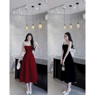 Đầm thời trang nữ mặc đi tiệc chất nhung cứng cổ cúp ngực 2 dây kết cườm đính nơ sau lưng váy dài xòe maxi 2 màu đen đỏ