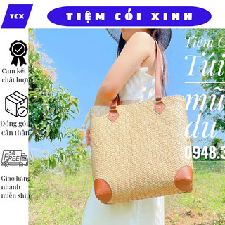 Túi cói tote cỏ bàng đeo vai dây da đi biển, công sở phom vuông vắn siêu xinh