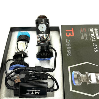 Đèn pha led bi cầu mini h4 t3 ánh sáng trắng và kính tím lắp ô tô, xe máy