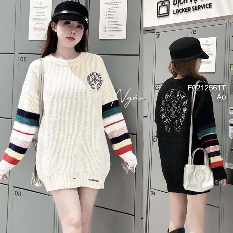 Áo len tay phối sọc màu, áo nữ tay dài form rộng lưng phối logo sang trọng VIENS STORE