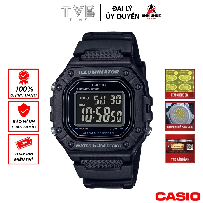 Đồng hồ nam dây nhựa Casio chính hãng Anh Khuê W-218H-1BVDF