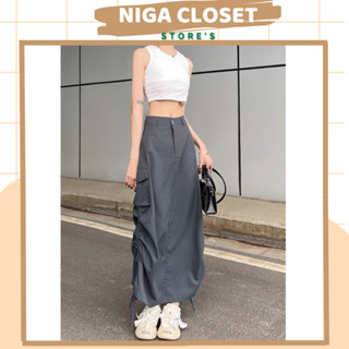  Chân váy A kaki túi hộp dáng dài chân váy midi kaki khoá giữa m111 Niga Closet 